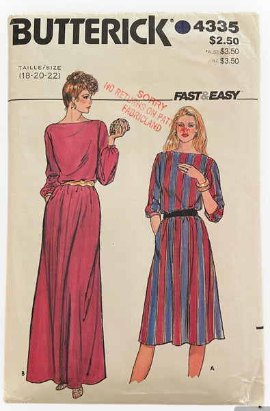 Butterick 4335 vintage 1980s dress sewing pattern. Bust 40, 42, 44 inches