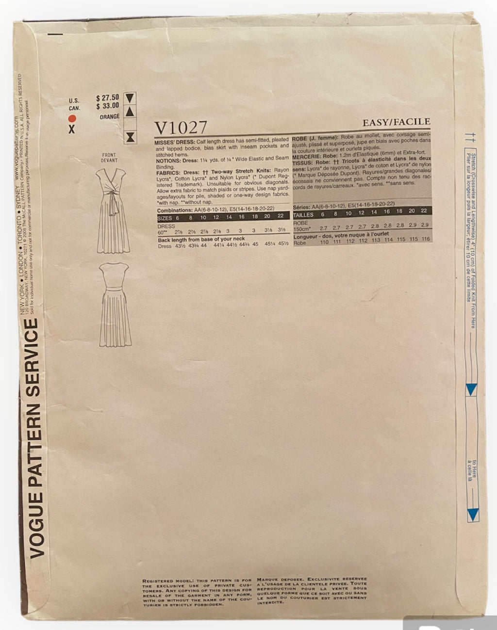 Vogue v1027 DKNY stretch dress sewing pattern from the 2000s Bust 30.5, 31.5, 32.5, 34 inches