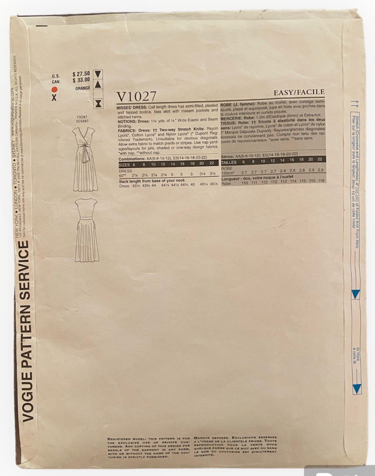 Vogue v1027 DKNY stretch dress sewing pattern from the 2000s Bust 30.5, 31.5, 32.5, 34 inches