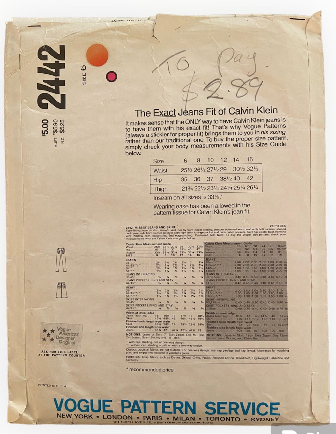 Vogue 2442 vintage 1980s designer Calvin Klein jeans and skirt sewing pattern. Waist 25.5 inches