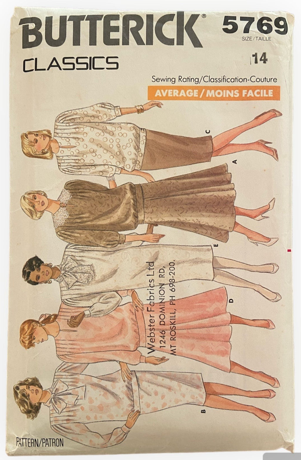 Butterick 5769 Vintage 1980s dress, skirt and top sewing pattern. Bust 36 inches