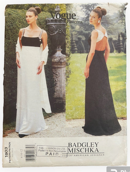 Vintage 1990s Vogue 1903 Designer Badgley Mishka evening dress sewing pattern. Bust 31.5, 32.5 inches