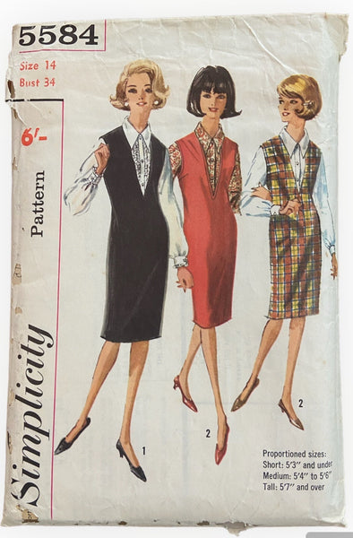 Simplicity 5584 vintage 1960s jumper sewing pattern. Proportional sizes for various heights. Bust 34 inches