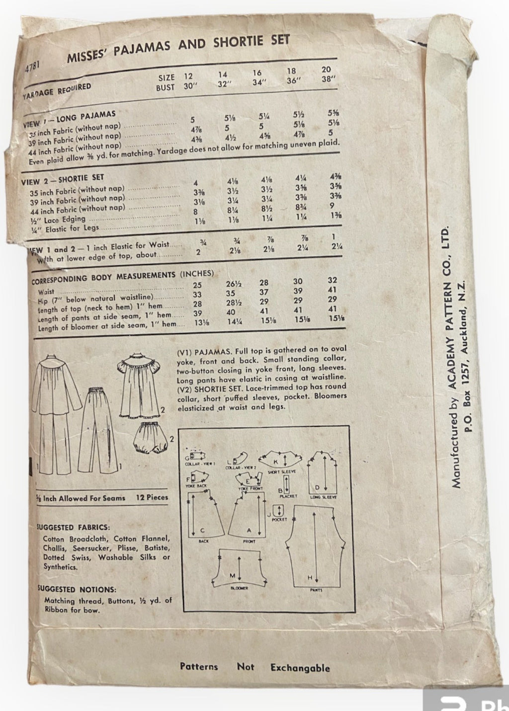 Academy 4781 vintage 1950s pajamas and shorty set sewing pattern 36 inch bust. Slightly wounded