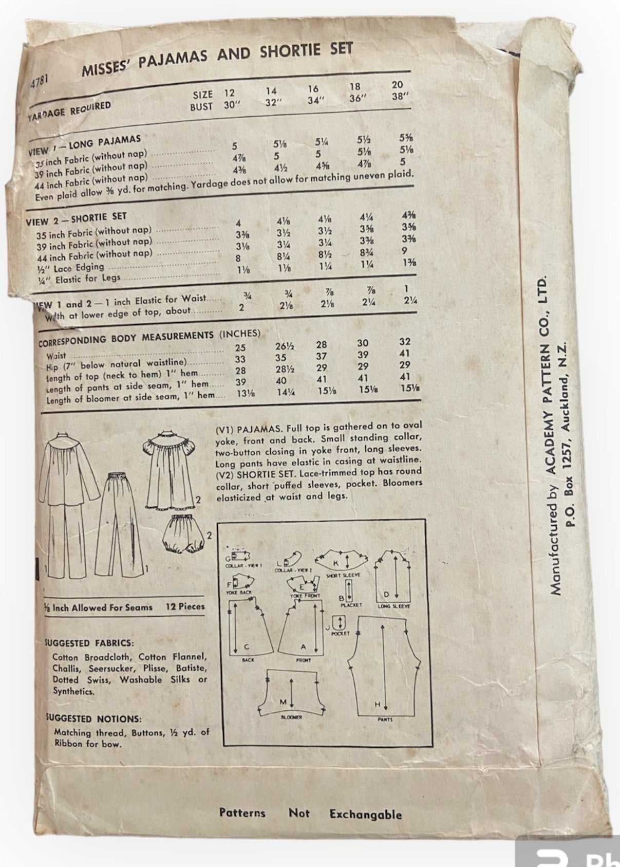 Academy 4781 vintage 1950s pajamas and shorty set sewing pattern 36 inch bust. Slightly wounded