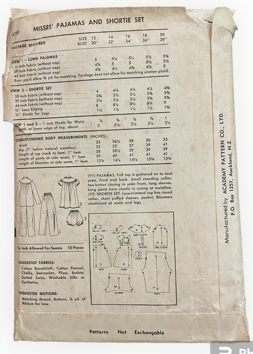 Academy 4781 vintage 1950s pajamas and shorty set sewing pattern 36 inch bust. Slightly wounded