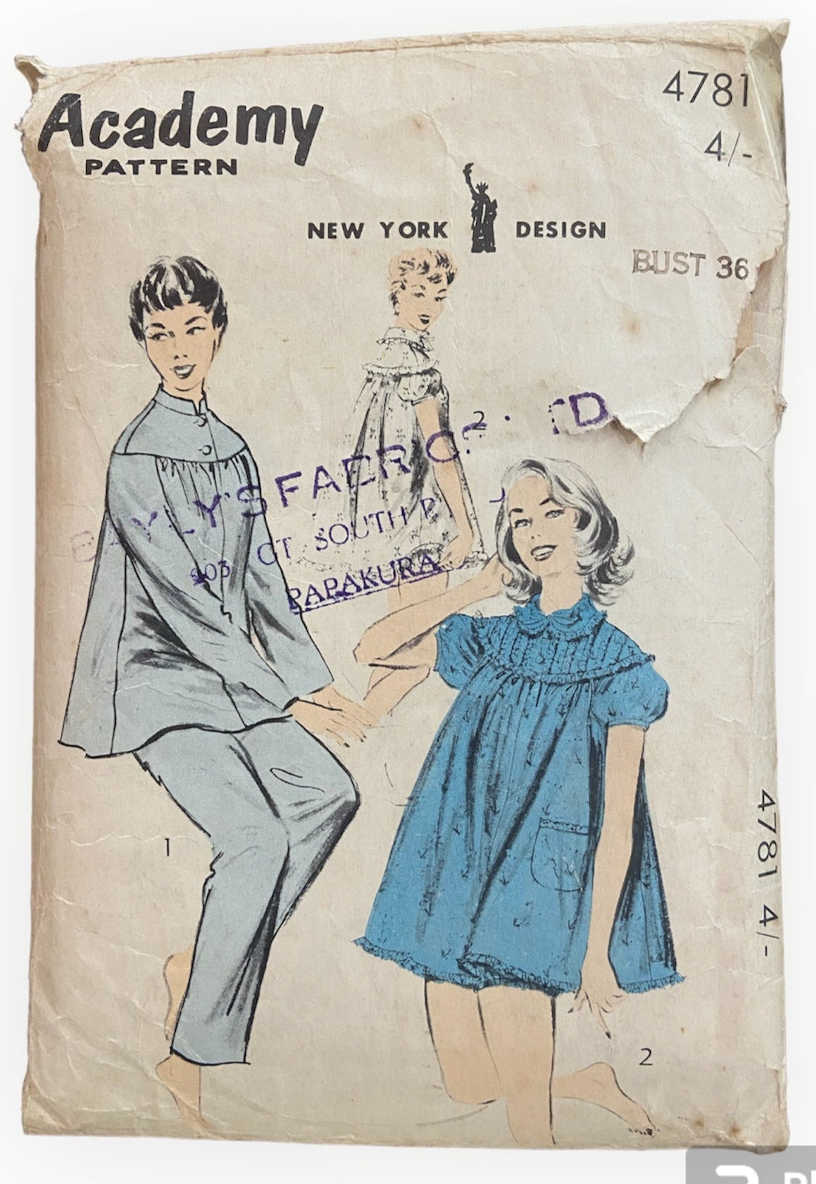 Academy 4781 vintage 1950s pajamas and shorty set sewing pattern 36 inch bust. Slightly wounded