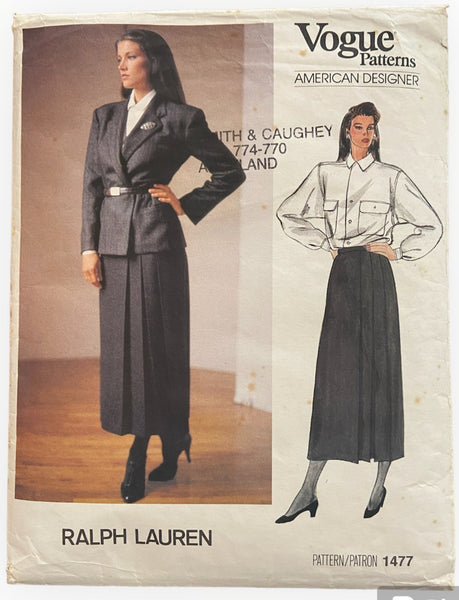 Vogue 1477 Ralph Lauren Vintage 1980s jacket, skirt and blouse sewing pattern. Bust 34