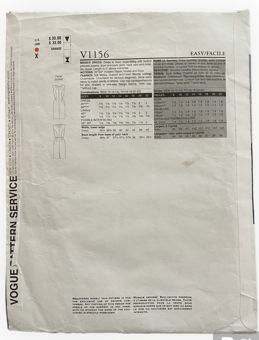Vogue v1156 American Designer Anne Klein New York dress sewing pattern. Bust 31.5, 32.5, 34, 36 inches