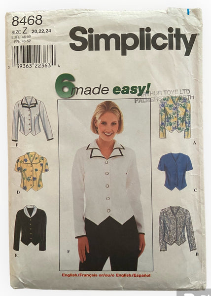 Simplicity 8468 vintage 1990s blouses sewing pattern. Bust 42, 44, 46 inches