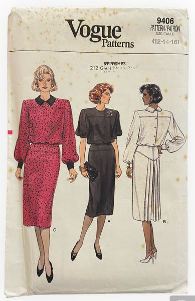 Vogue 9406 vintage 1980s dress sewing pattern Bust 34, 36, 38 inches