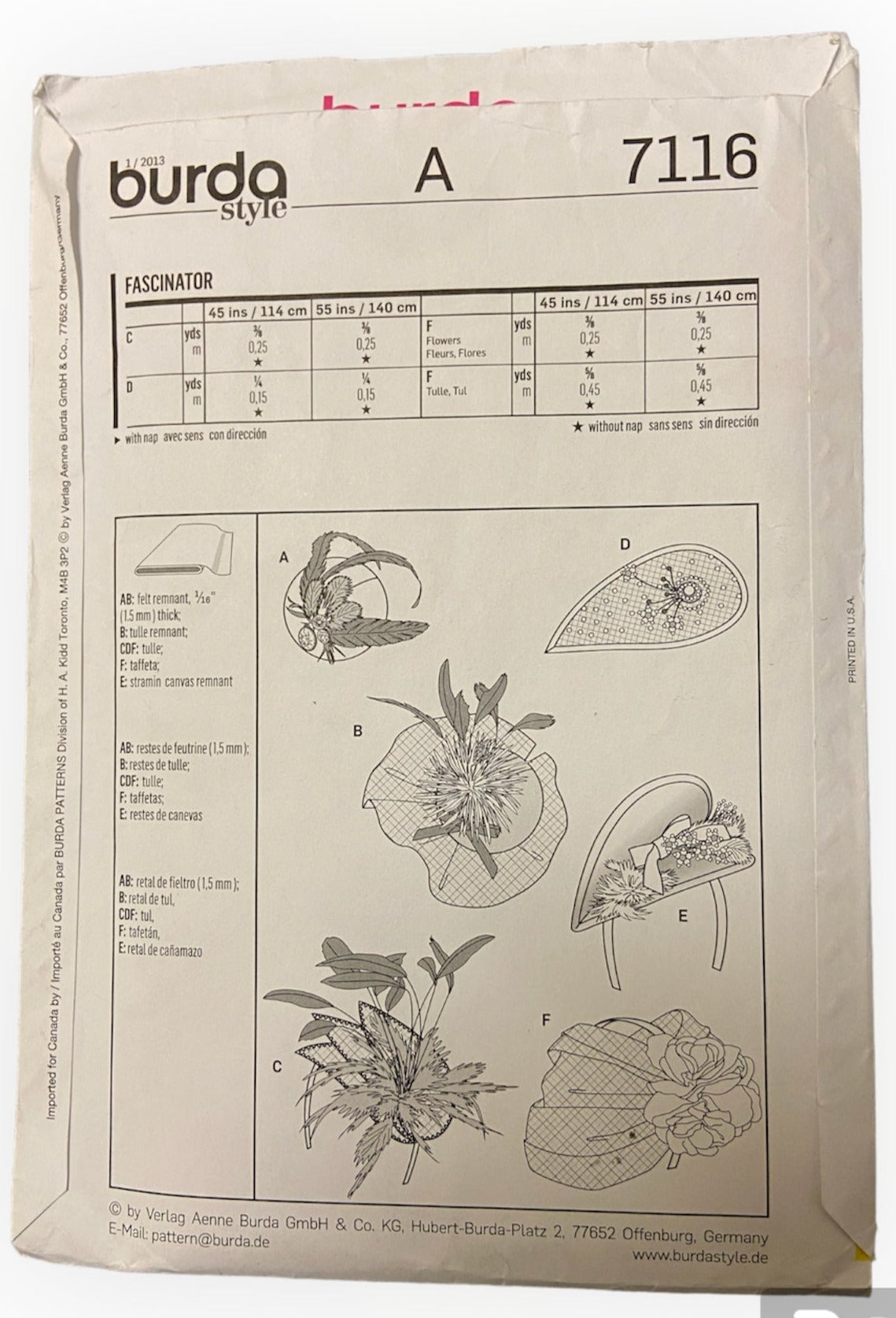 Burda 7116 fascinator sewing pattern from the 2000s