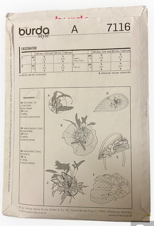 Burda 7116 fascinator sewing pattern from the 2000s