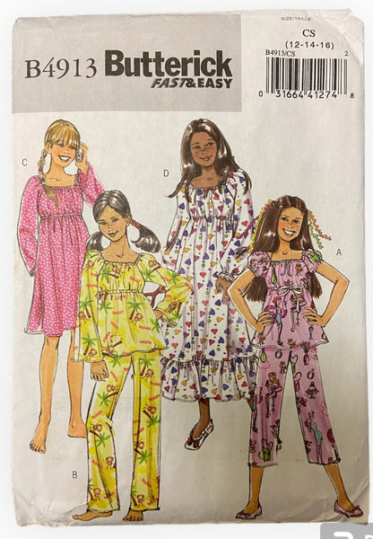 Butterick B4913 girl's top, pants and gown sewing pattern from the 2000s. Breast 30, 32, 34 inches