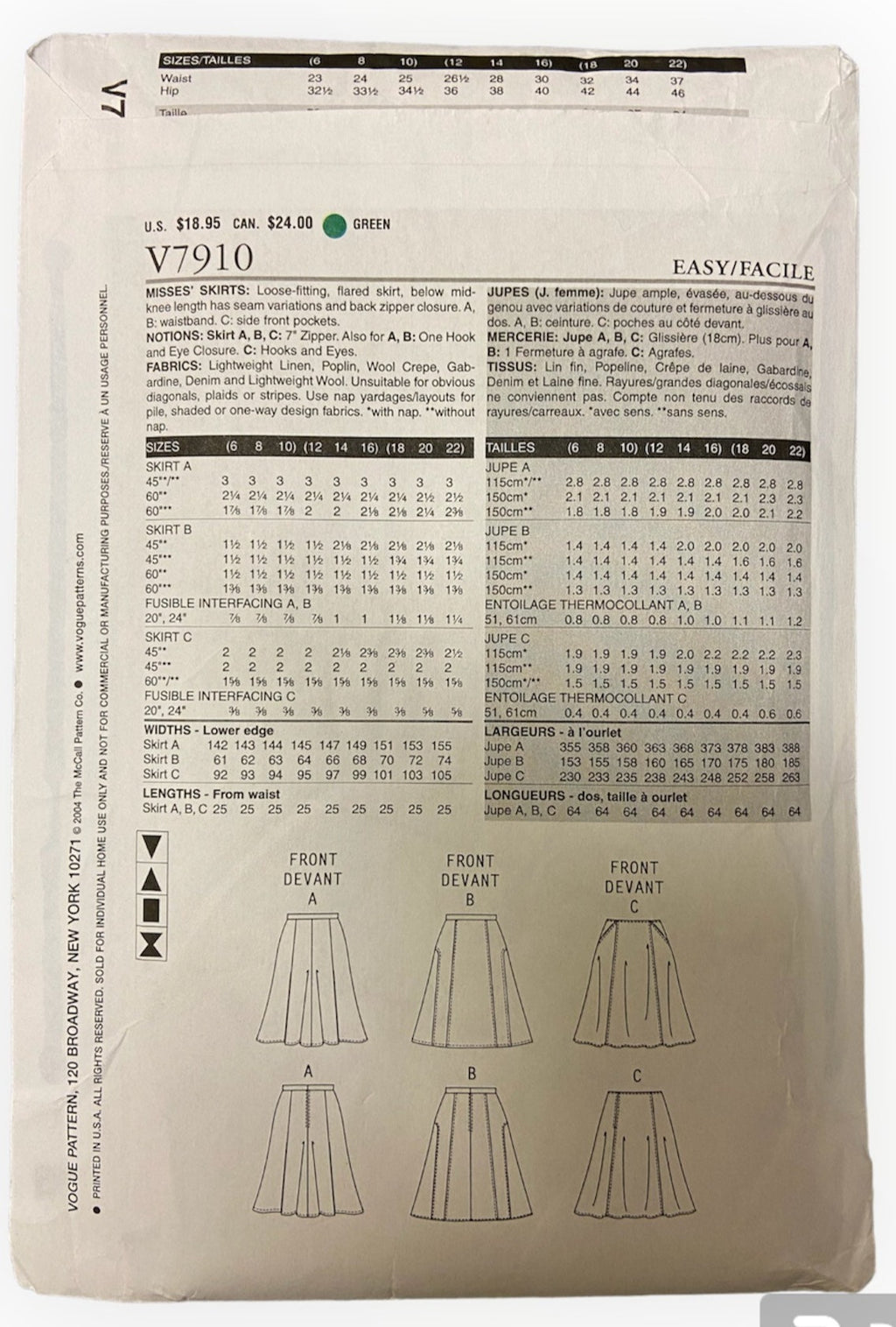 Vogue v7910 skirts sewing pattern from the 2000s. Waist 32, 34, 37 inches