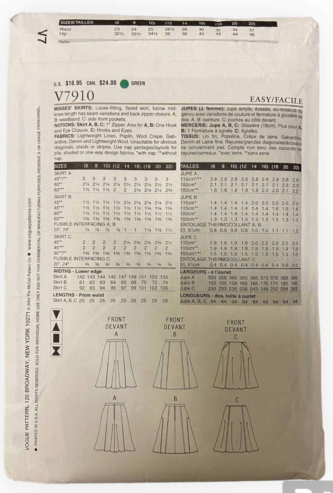 Vogue v7910 skirts sewing pattern from the 2000s. Waist 32, 34, 37 inches