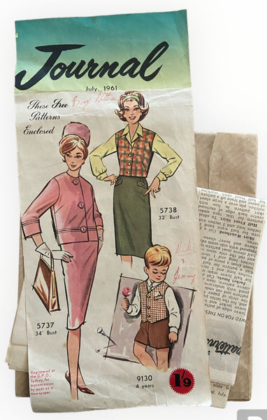 Australian home journal July 1961  three sewing patterns, suit, jerkin, skirt, boy's weskit and pants sewing pattern