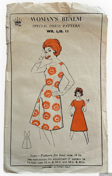 Woman's Realm L/O.11. Vintage 1960s dress sewing pattern. Bust 36 inches