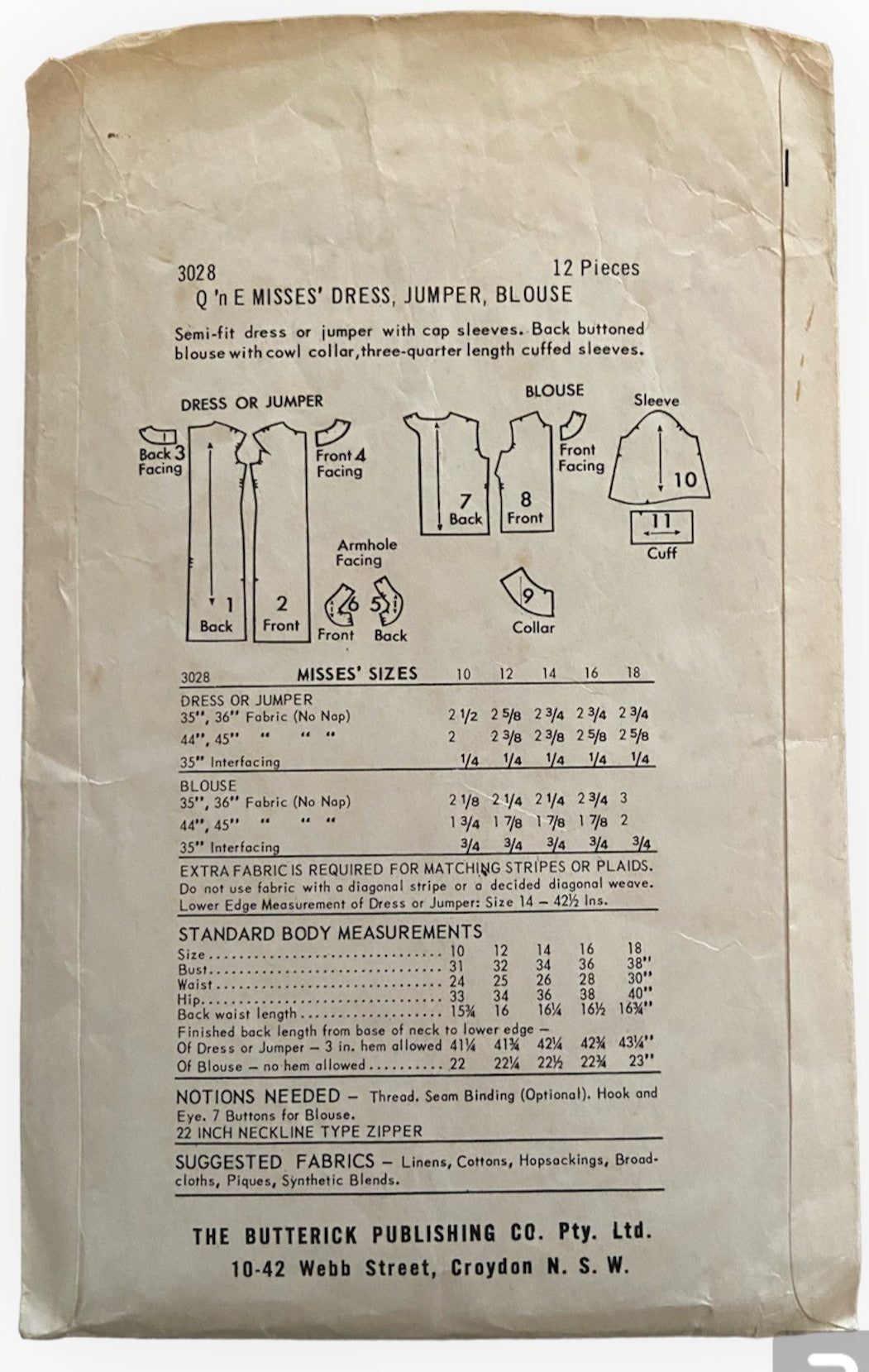 Butterick 3028 vintage 1960s Quick and Easy dress or jumper and blouse sewing pattern. Bust 36 inches