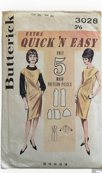 Butterick 3028 vintage 1960s Quick and Easy dress or jumper and blouse sewing pattern. Bust 36 inches