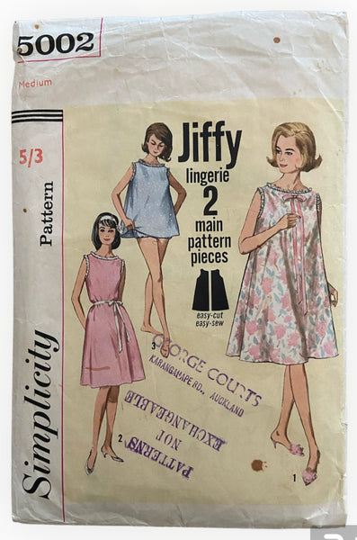 Simplicity 5002 1960s vintage jiffy shift nightgown, top and panties sewing pattern. Bust 34-36 inches