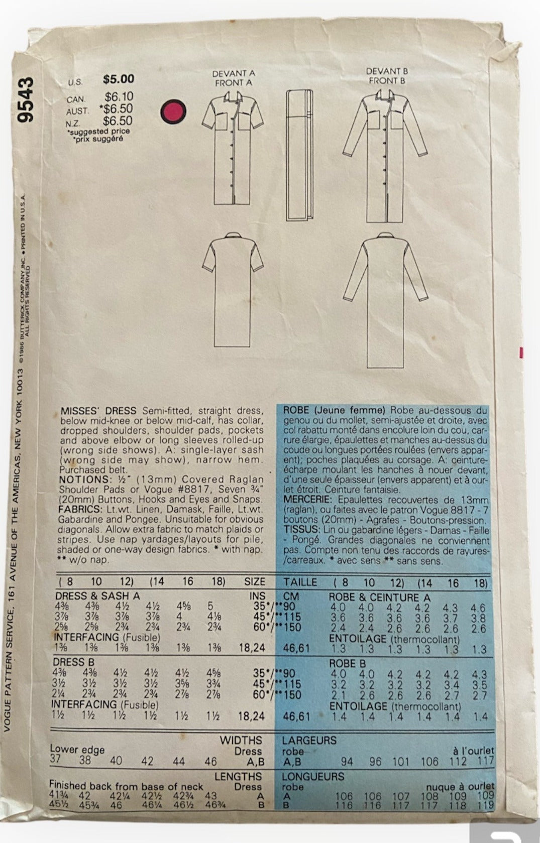 Very Easy Very Vogue 9543 vintage 1980s dress sewing pattern. Uncut  Bust 31 1/2, 32 1/2, 34 inches