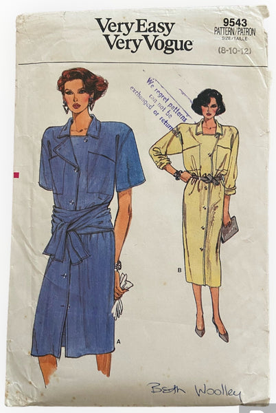 Very Easy Very Vogue 9543 vintage 1980s dress sewing pattern. Uncut  Bust 31 1/2, 32 1/2, 34 inches