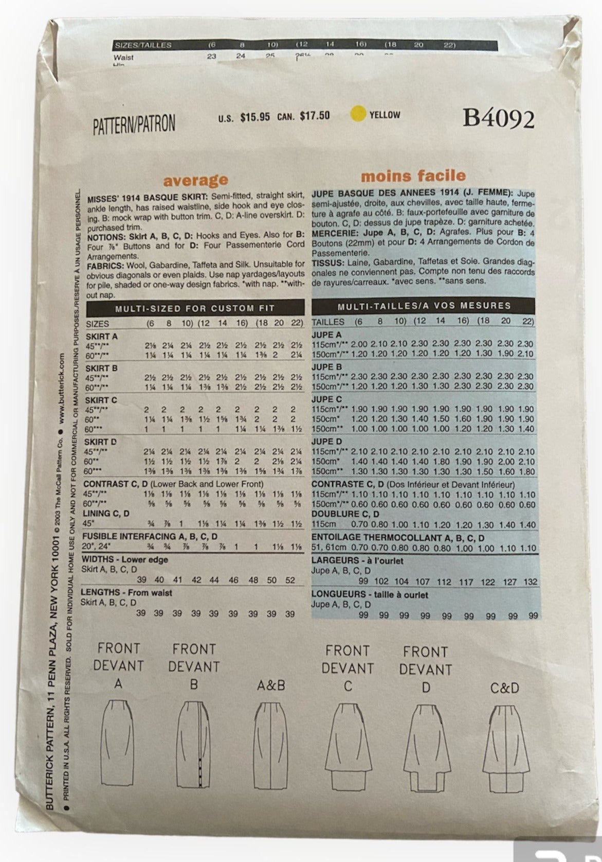 Copy of Butterick B4092 1914 Basque skirt costume pattern. Waist 26.5, 28, 30 inches