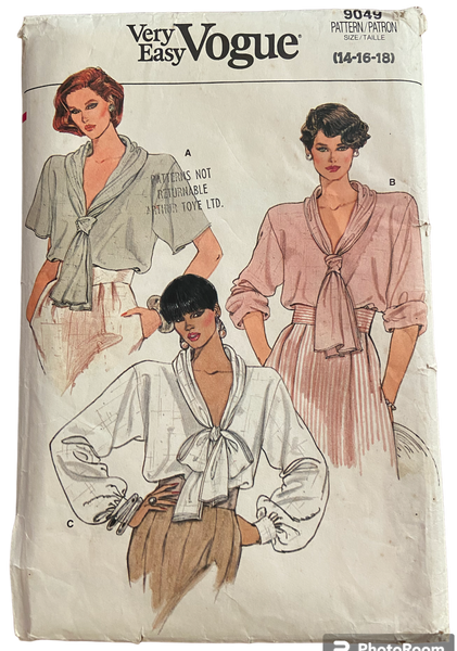 Vogue 9049 Vintage 1980s blouse sewing pattern. Bust 36, 38, 40 inches