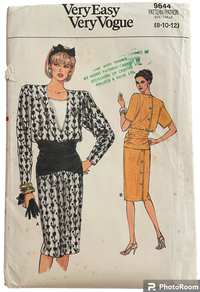 Vogue 9644 vintage 1980s dress sewing pattern. Bust 31.5, 32.5, 34 inches