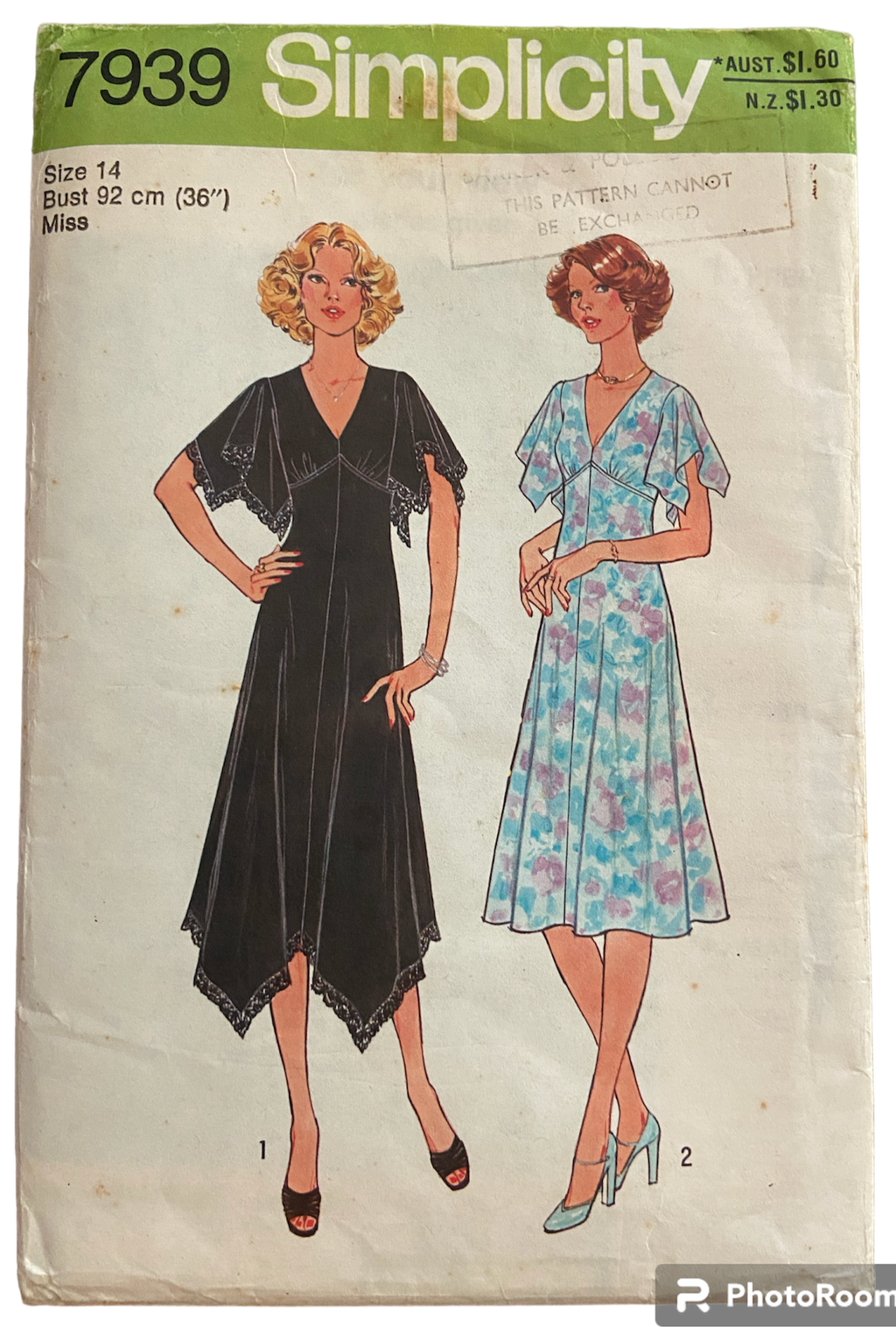 Simplicity 7939 vintage 1970s dress in two lengths sewing pattern. Bust 36 inches