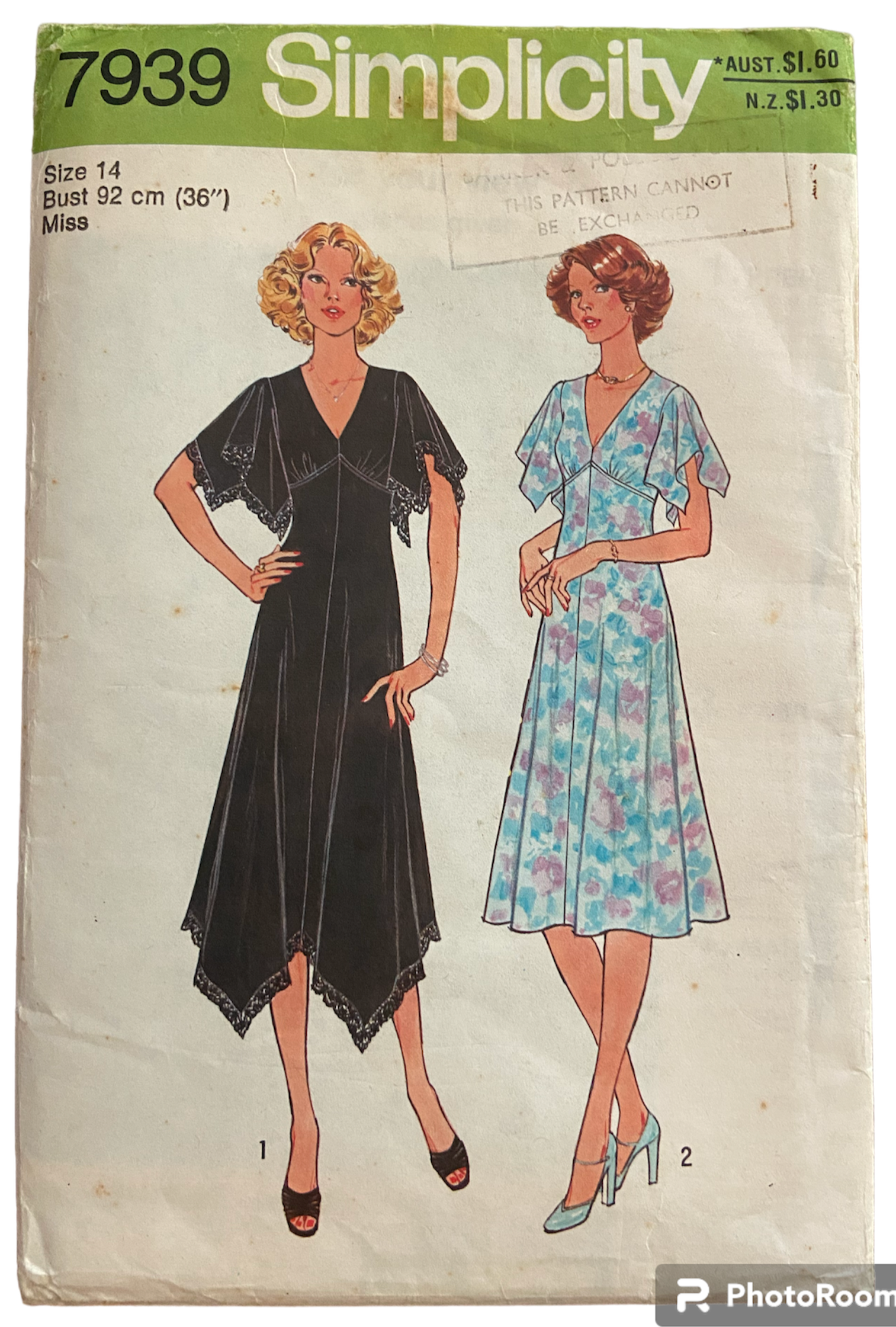 Simplicity 7939 vintage 1970s dress in two lengths sewing pattern. Bust 36 inches