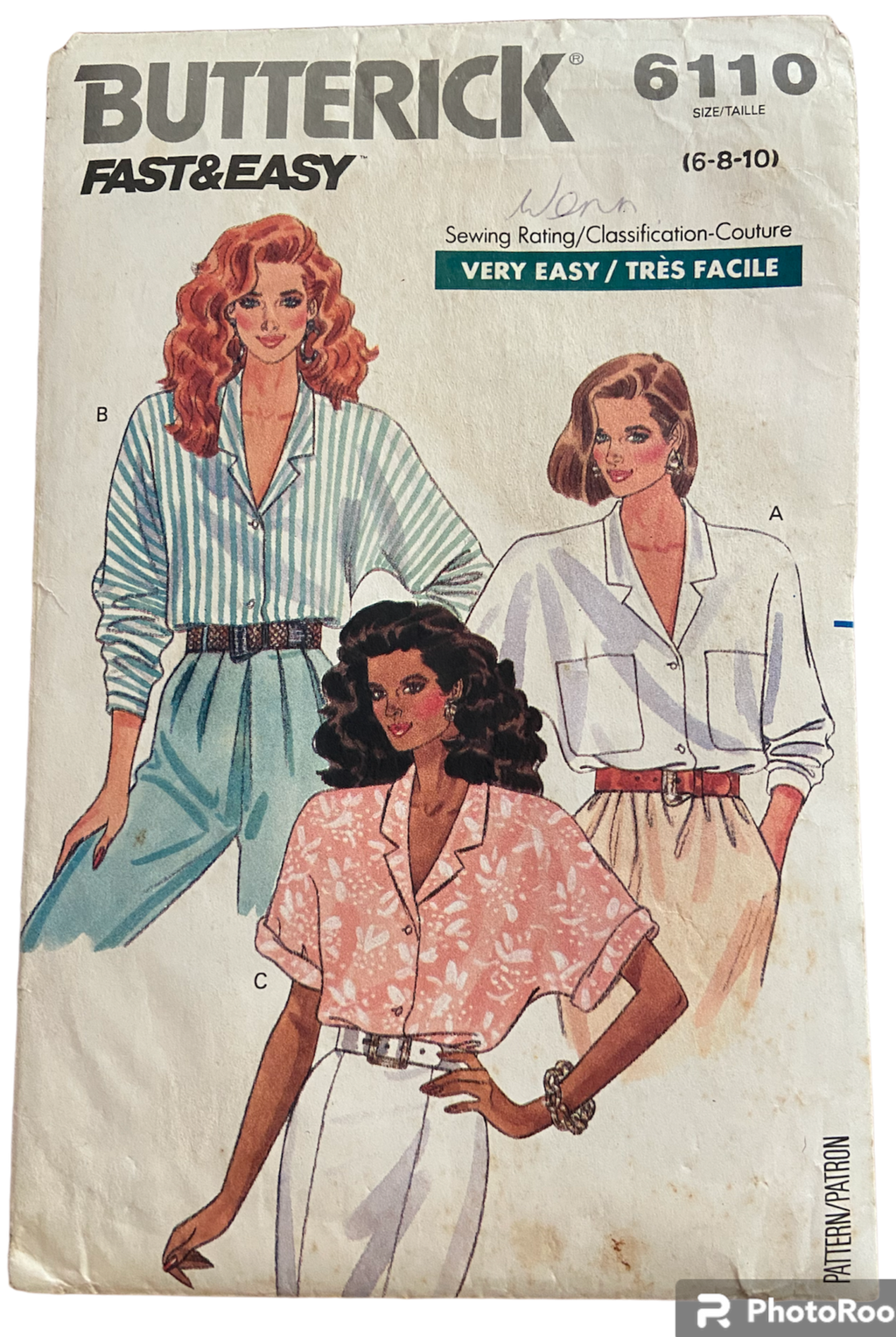 Butterick 6110 vintage 1980s blouse sewing pattern. Bust 30.5, 31.5, 32.5 inches