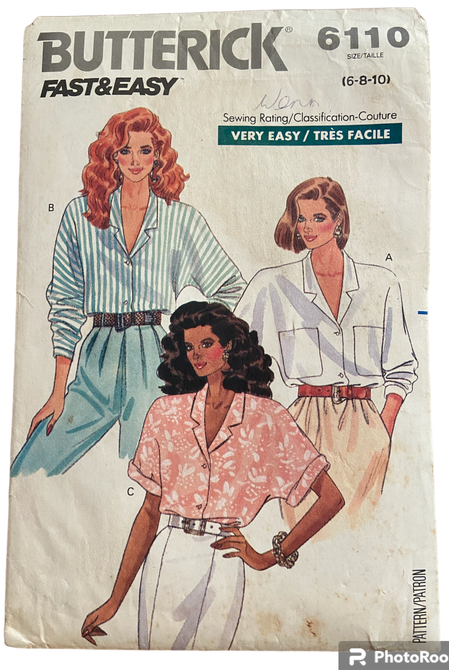 Butterick 6110 vintage 1980s blouse sewing pattern. Bust 30.5, 31.5, 32.5 inches
