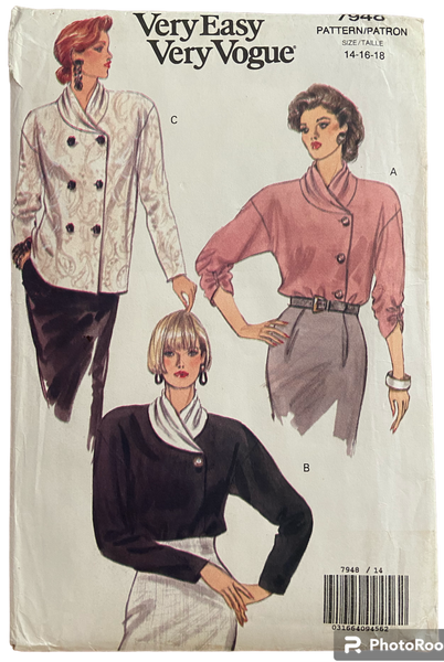 Vogue 7948 vintage 1990s blouses sewing pattern. Bust 36, 38, 40 inches