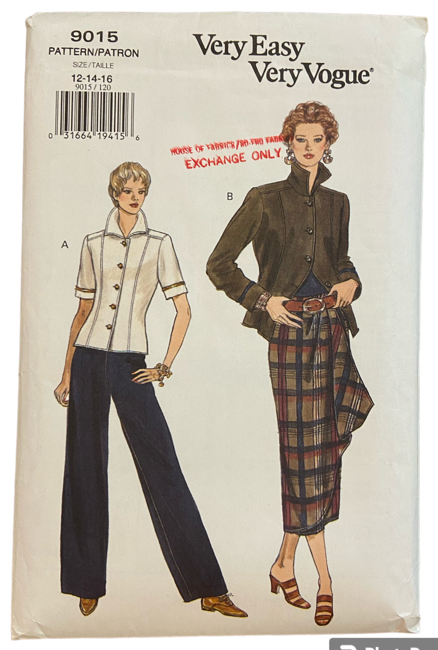 Vogue 9015 vintage 1990s women's jacket, skirt and pants sewing pattern. Bust 34, 36, 38 inches