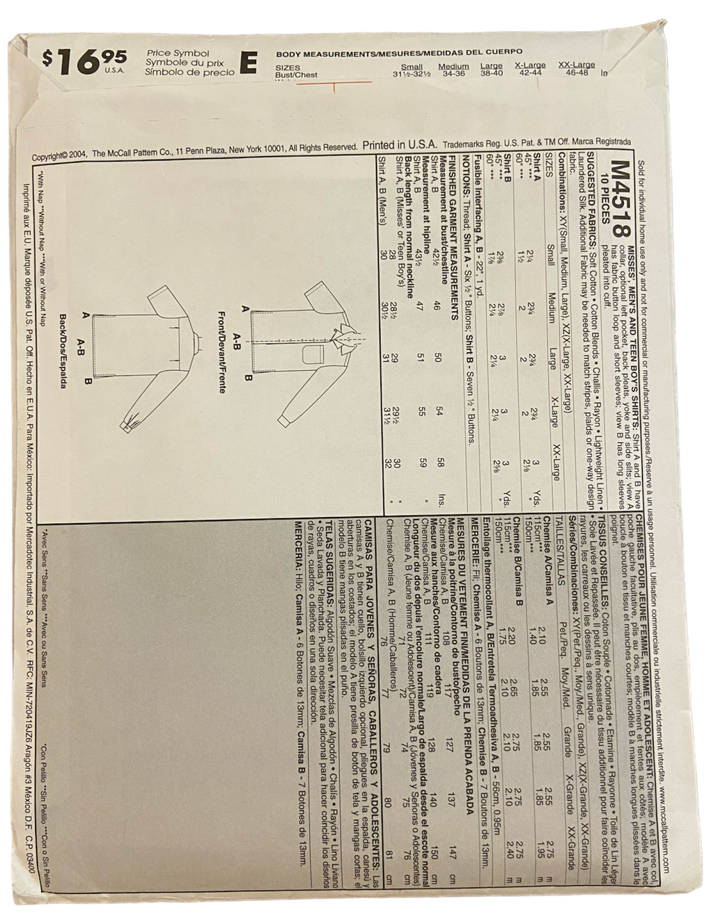 McCall's M4518 Misses, men's and teen boy's shirt sewing pattern from the 2000s Bust/chest 31.5-40 inches