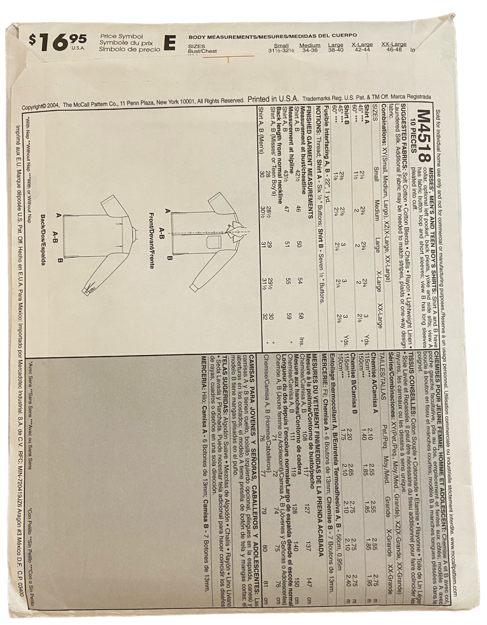 McCall's M4518 Misses, men's and teen boy's shirt sewing pattern from the 2000s Bust/chest 31.5-40 inches