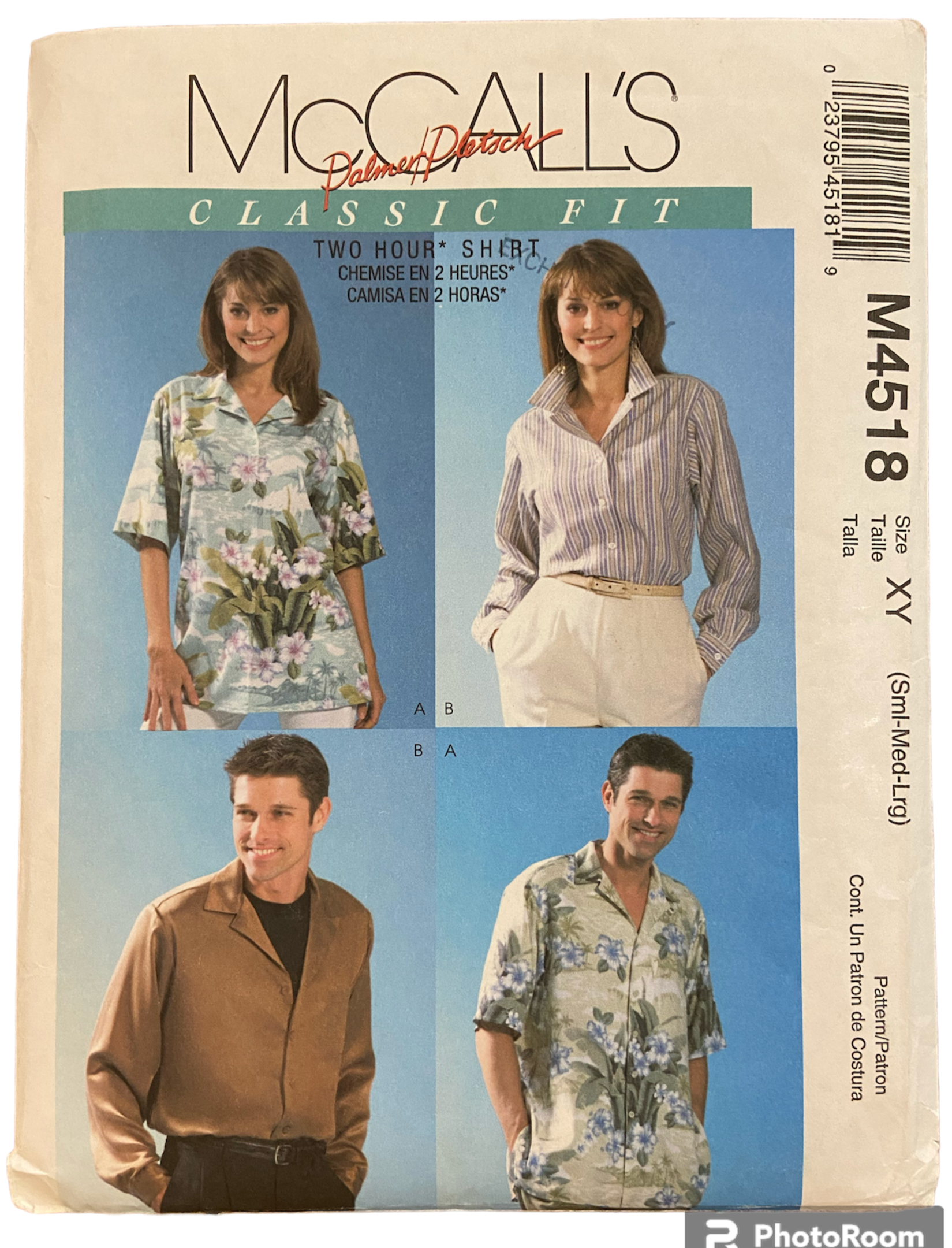 McCall's M4518 Misses, men's and teen boy's shirt sewing pattern from the 2000s Bust/chest 31.5-40 inches