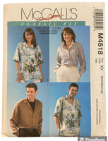 McCall's M4518 Misses, men's and teen boy's shirt sewing pattern from the 2000s Bust/chest 31.5-40 inches
