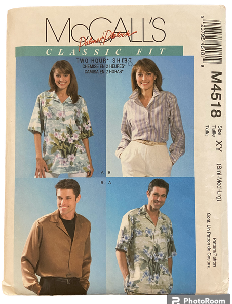 McCall's M4518 Misses, men's and teen boy's shirt sewing pattern from the 2000s Bust/chest 31.5-40 inches