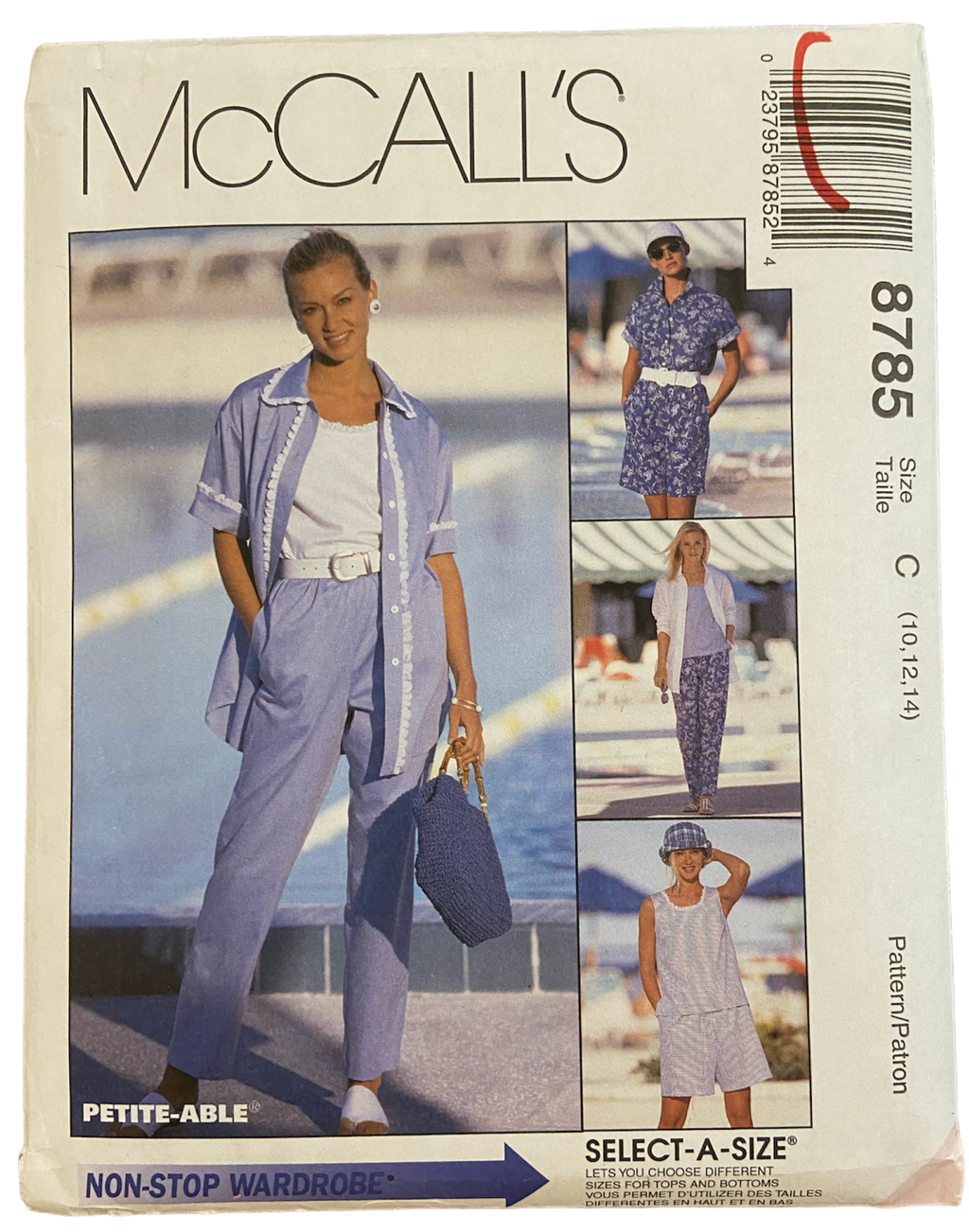 McCall's 8785 vintage 1990s non-stop wardrobe shirt, top, pull-on pants and shorts sewing pattern. Bust 32.5, 34, 36 inches
