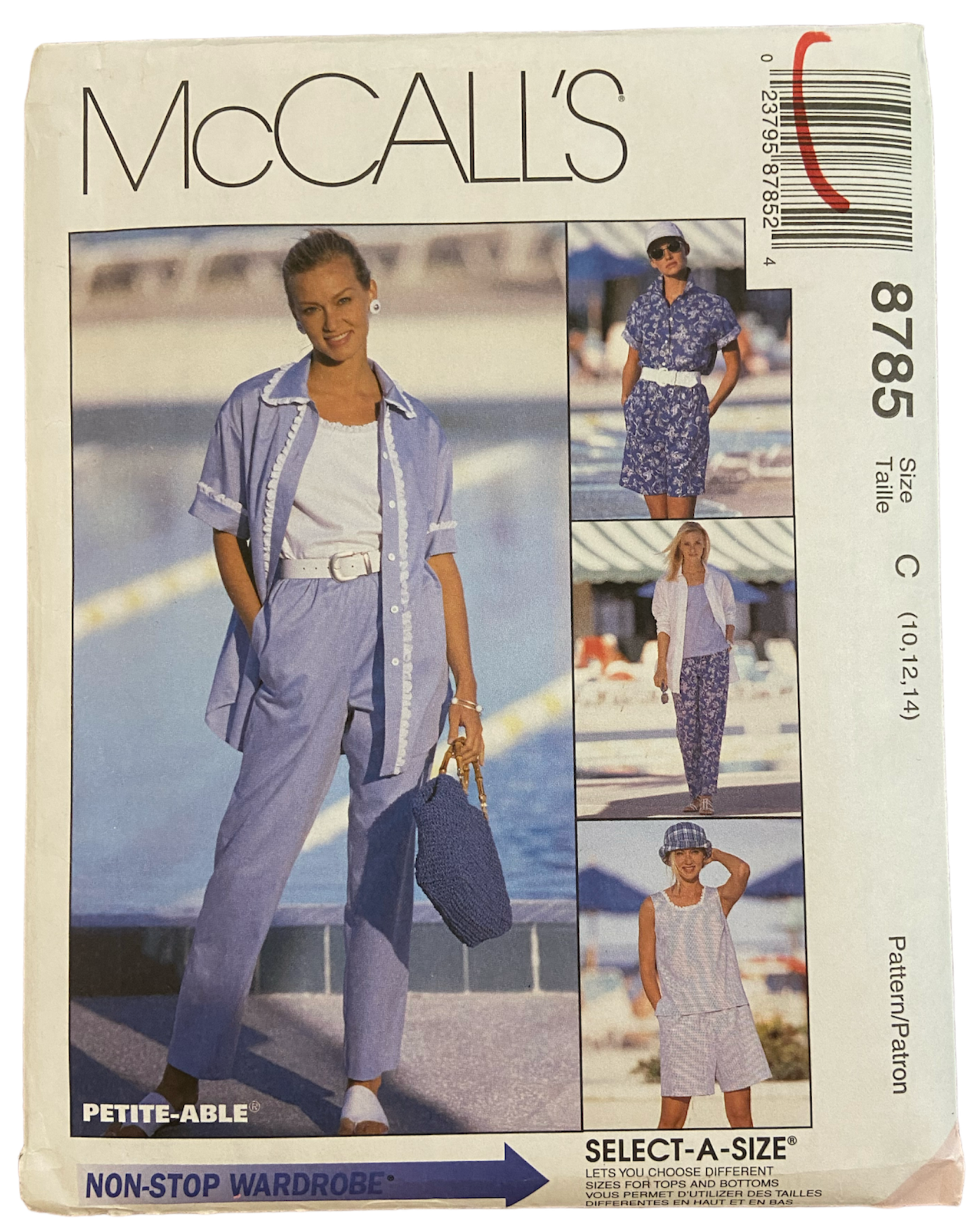 McCall's 8785 vintage 1990s non-stop wardrobe shirt, top, pull-on pants and shorts sewing pattern. Bust 32.5, 34, 36 inches
