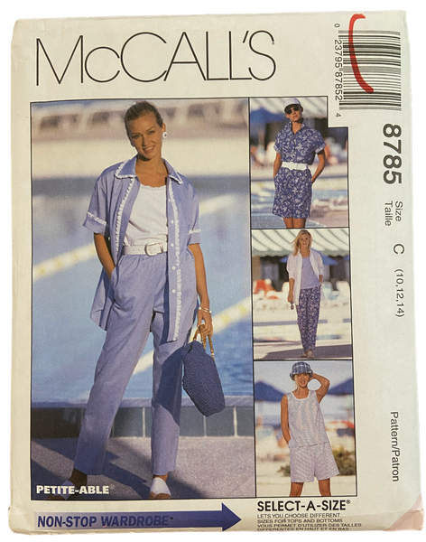 McCall's 8785 vintage 1990s non-stop wardrobe shirt, top, pull-on pants and shorts sewing pattern. Bust 32.5, 34, 36 inches