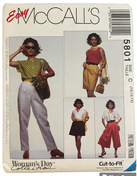 McCall's 5801 vintage 1990s skirt and split skirt (culottes) and pants sewing pattern Waist 25, 26.5, 28 inches inches
