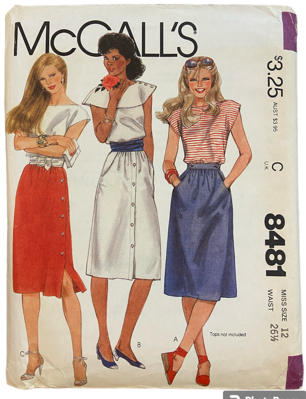 McCall's 8481 vintage 1980s skirts pattern. Wiast 26.5 inches
