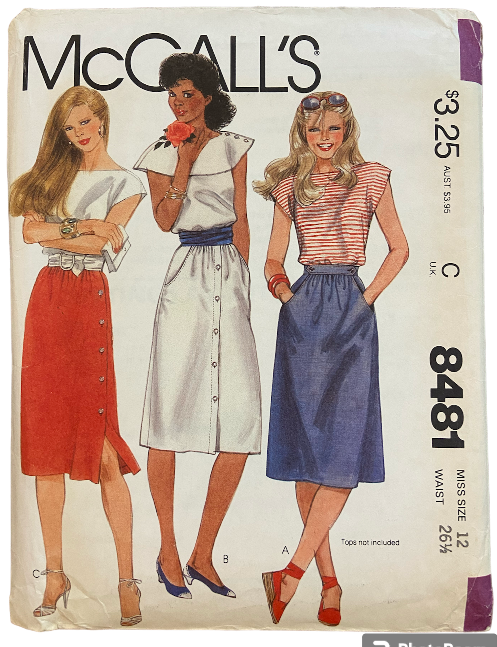 McCall's 8481 vintage 1980s skirts pattern. Wiast 26.5 inches