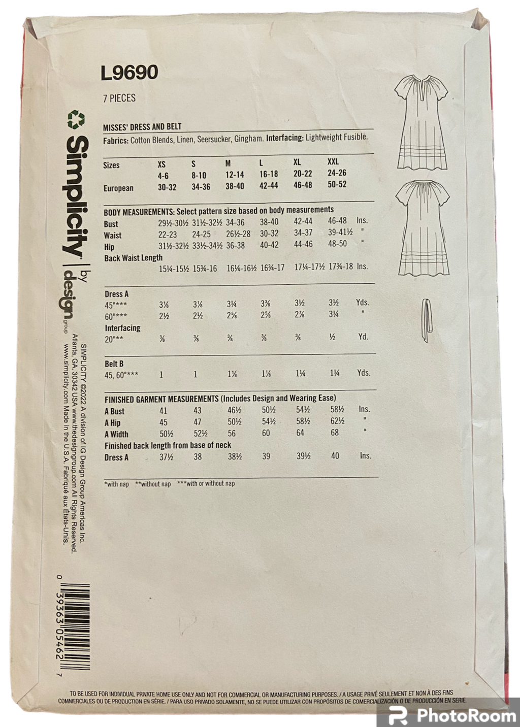 Simplicity L9690 dress sewing pattern from the 2000s Bust 29.5, 30.5, 31.5, 32.5, 34, 36, 38, 40, 42, 44, 46, 48 inches
