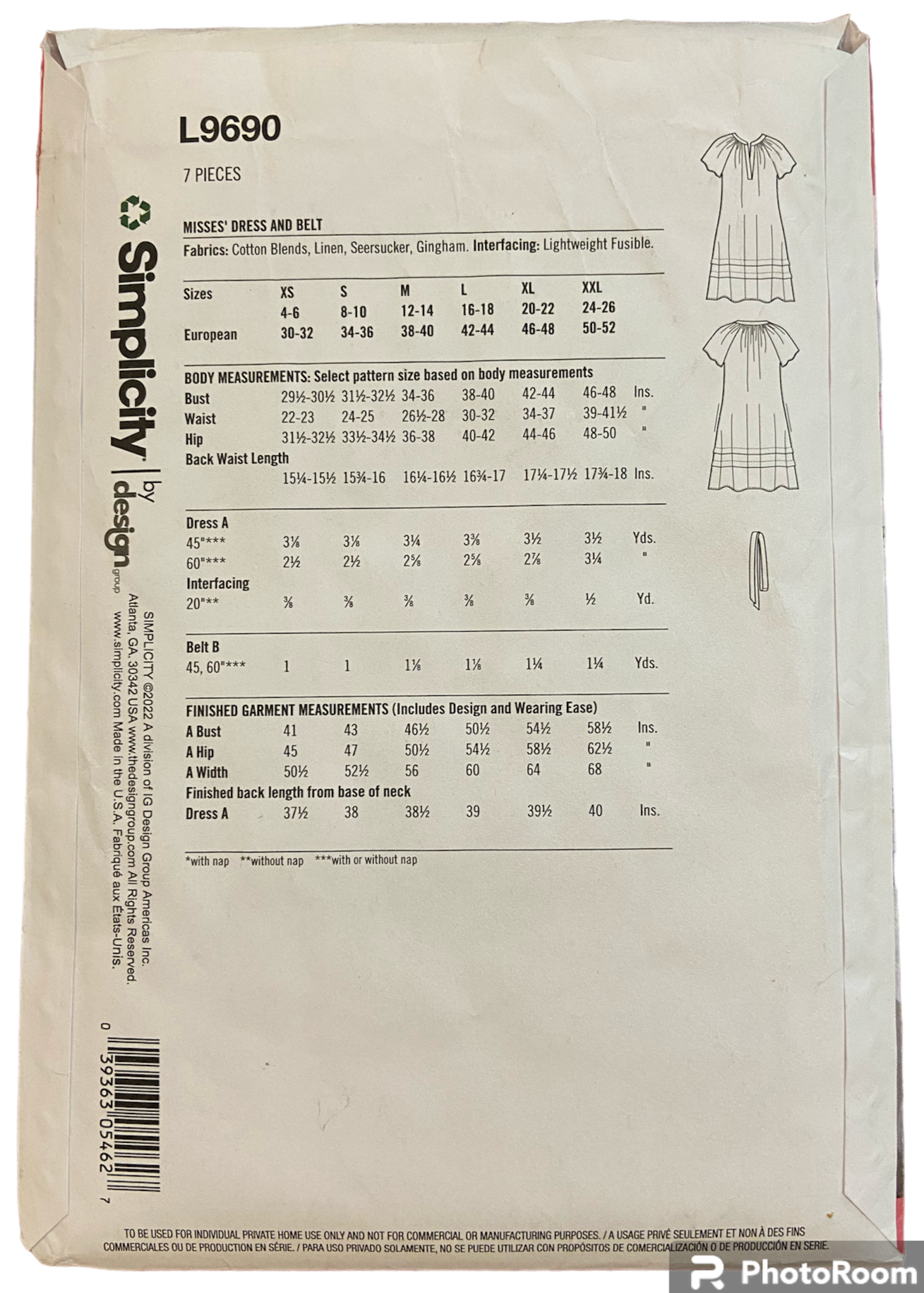 Simplicity L9690 dress sewing pattern from the 2000s Bust 29.5, 30.5, 31.5, 32.5, 34, 36, 38, 40, 42, 44, 46, 48 inches