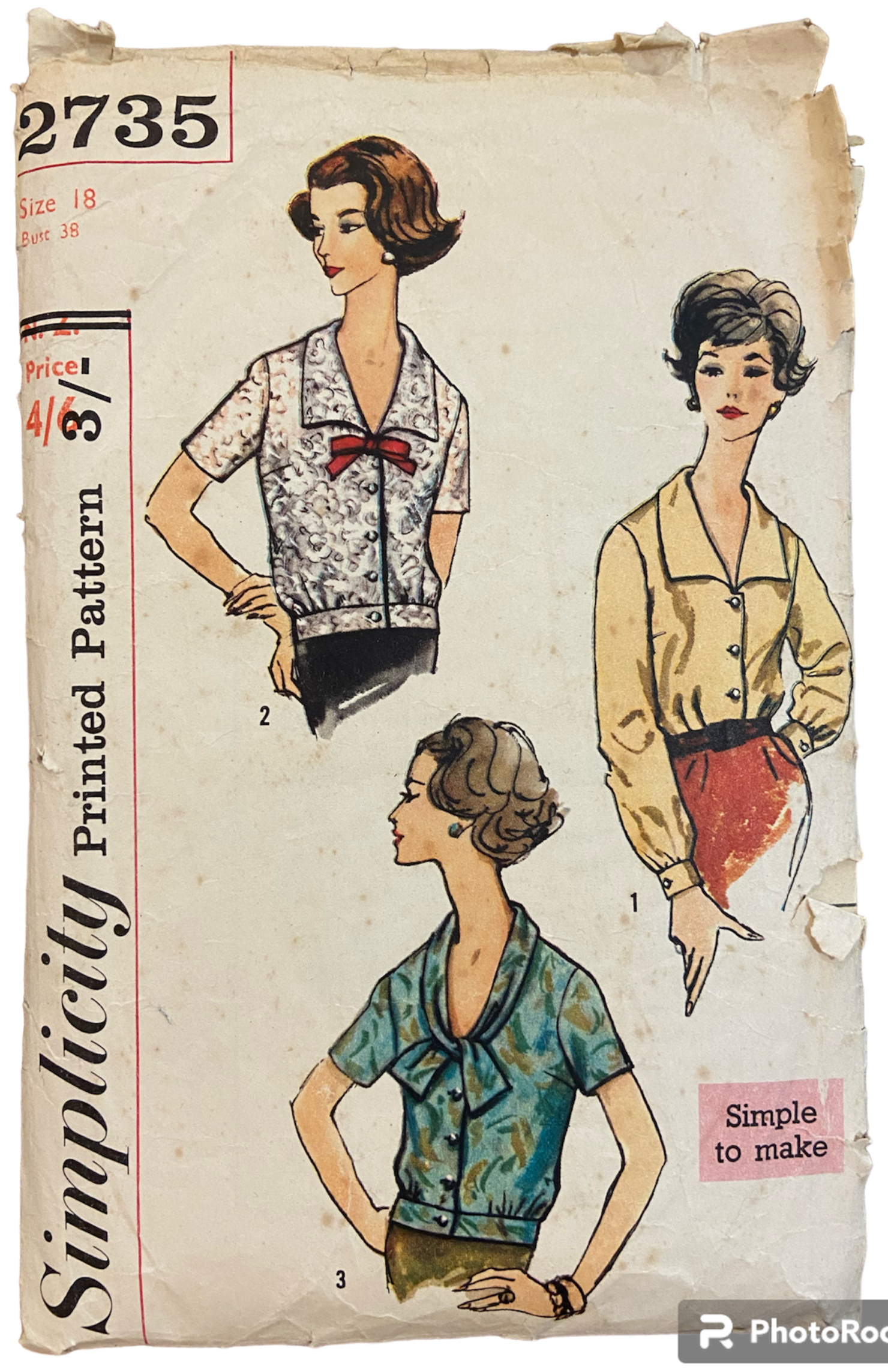 Simplicity 2735 vintage 1950s blouse sewing pattern Bust 38 inches